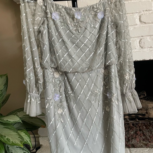 Adrianna Papell Silver Floral Long Sleeve Dress - Picture 1 of 11